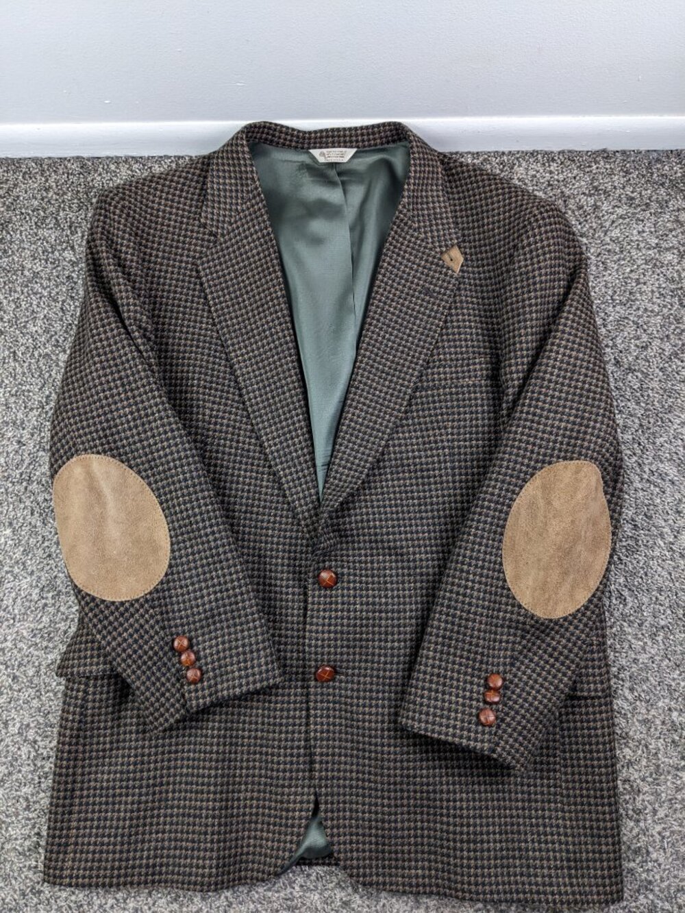 Vintage Stuart Hughes Tweed Wool Sport Coat Houndstooth Checked Suede Elbows 50L